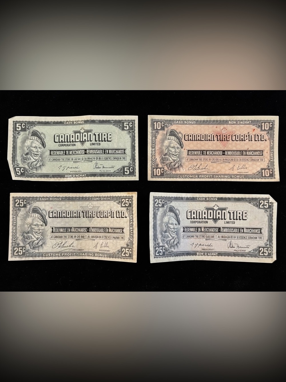Vintage 1961 Canadian Tire Money Lot - 4 Serial Numbered Notes